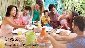  Presentation with families - Presentation theme enhanced with homeparty - group of families enjoying outdoor background and a coral colored foreground
