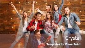  Presentation with group of students raising hands - Presentation design with homeparty - group of friends happy people background and a tawny brown colored foreground