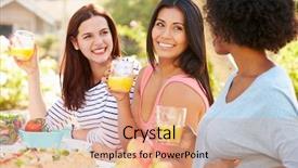  Presentation with outdoor party - PPT layouts with homeparty - three female friends enjoying meal background and a coral colored foreground