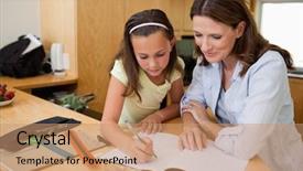  Presentation with homework - Presentation theme featuring homeschool - girl doing homework together background and a coral colored foreground