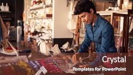  Presentation with sales - Slide deck with homewares - female sales assistant arranging textiles background and a tawny brown colored foreground