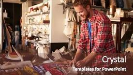  Presentation with sales - PPT layouts having homewares - male sales assistant arranging textiles background and a tawny brown colored foreground