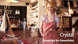 Presentation with portrait of excited overjoyed female - Cool new slides with homewares - portrait of female owner backdrop and a  colored foreground