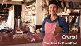  Presentation with gift - PPT theme consisting of homewares - portrait of female owner background and a tawny brown colored foreground