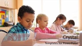  Presentation with children doing kids gym - PPT layouts having homework in classroom at school background and a coral colored foreground