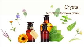  Presentation with herbal medicine healing herbs mortar - Beautiful theme featuring homoeopathy - collage of medicine bottles backdrop and a cream colored foreground