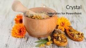  Presentation with calendula - Colorful PPT theme enhanced with empty old room with bookcasefloor lamp and clock - 3d rendering backdrop and a soft green colored foreground