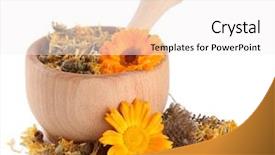  Presentation with calendula - Audience pleasing PPT layouts consisting of homoeopathy - fresh and dried calendula flowers backdrop and a sky blue colored foreground