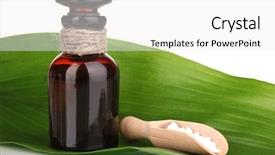  Presentation with green leaf - Amazing slides having homoeopathy - medicine bottle with tablets backdrop and a white colored foreground