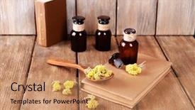  Presentation with books flowers - Slide set with homoeopathy - old books with dry flowers background and a coral colored foreground