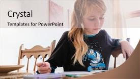  Presentation with work - PPT theme featuring homosapiens - schoolgirl makes her home work background and a soft green colored foreground