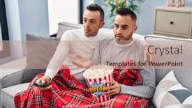  Presentation with popcorn - PPT theme with homosexual-couple-eating-popcorn-watching background and a coral colored foreground