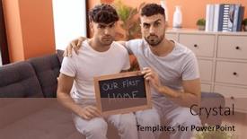  Presentation with first - PPT theme having homosexual-gay-couple-holding-blackboard background and a  colored foreground