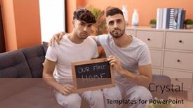  Presentation with gay - Slide deck featuring homosexual-gay-couple-holding-blackboard background and a  colored foreground