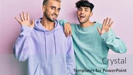  Presentation with saying - Cool new PPT theme with homosexual-gay-couple-standing-together backdrop and a light blue colored foreground