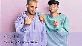  Presentation with five business people standing together and smiling - Cool new PPT theme with homosexual-gay-couple-standing-together backdrop and a light blue colored foreground
