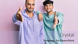  Presentation with business casual - Slide deck having homosexual-gay-couple-standing-together background and a light blue colored foreground