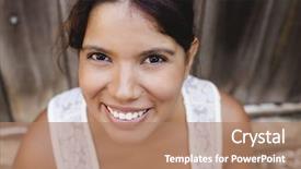  Presentation with camera - Colorful slide deck enhanced with honest - beautiful latin woman looking backdrop and a  colored foreground