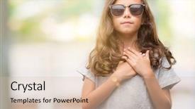  Presentation with hands and face - Colorful theme enhanced with honesty kids - brunette hispanic girl wearing sunglasses backdrop and a  colored foreground