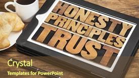  Presentation with honesty - Presentation theme enhanced with honesty principles and trust words in vintage letterpress wood type on a touchscreen of digital tablet with a cup of coffee background and a tawny brown colored foreground