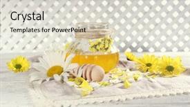  Presentation with table napkin - Audience pleasing theme consisting of honey and flowers on napkin on wooden table backdrop and a lemonade colored foreground