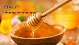  Presentation with honey - Amazing PPT theme having honey-dripping-from-honey-dipper backdrop and a gold colored foreground
