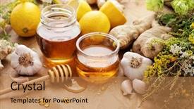  Presentation with healthy food - Audience pleasing PPT theme consisting of honey garlic herbs lemon backdrop and a coral colored foreground
