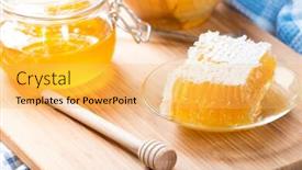  Presentation with wax - Slide deck consisting of honey in glass jar and honeycombs wax background and a yellow colored foreground