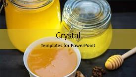  Presentation with walnut - Presentation theme featuring honey with walnut on wooden background and a yellow colored foreground