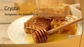  Presentation with rustic wood wooden frame - Cool new PPT theme with honeybees - honeycombs on plate on wooden backdrop and a gold colored foreground