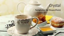  Presentation with teapot - Slide set featuring honeycomb bowl with honey teapot on color wooden background background and a soft green colored foreground