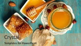  Presentation with honeycomb - Amazing slide deck having honeycomb glass pot with honey backdrop and a yellow colored foreground