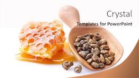  Presentation with plastic granules on extruder - Theme having honeycombs-with-propolis-granules background and a sky blue colored foreground