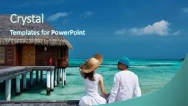  Presentation with jetty on a tropical - Presentation design enhanced with honeymoon - couple on a tropical beach background and a ocean colored foreground