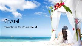  Presentation with tropical wedding - PPT theme having honeymoon - loving couple on wedding day background and a light blue colored foreground