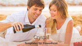  Presentation with honeymoon - Colorful presentation design enhanced with honeymoon concept man and woman in love couple enjoying glass of champagne on tropical beach at sunset backdrop and a coral colored foreground