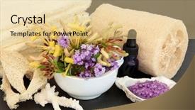  Presentation with aromatherapy oil - PPT theme enhanced with opening wooden floor refinery power plant with city downtown background during sunset background and a gray colored foreground.