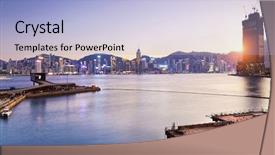  Presentation with container port - Theme with hong kong comercial container port background and a light blue colored foreground