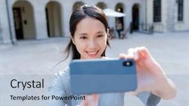  Presentation with mobile use - PPT theme featuring hong kong police - woman use of mobile phone background and a light blue colored foreground