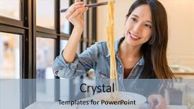  Presentation with chinese restaurant - Audience pleasing slides consisting of hong kong restaurants - asian woman eating noodles backdrop and a light blue colored foreground