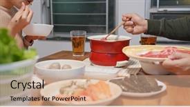  Presentation with eating - PPT theme consisting of hong kong restaurants - couple eating hot pot background and a coral colored foreground
