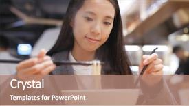  Presentation with noodles - Slide deck featuring hong kong restaurants - woman eating noodles in restaurant background and a coral colored foreground