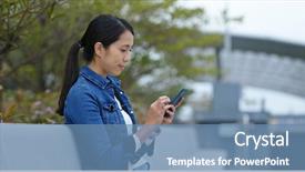  Presentation with mobile use - Colorful presentation design enhanced with honner - woman use of mobile phone backdrop and a teal colored foreground