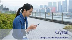  Presentation with mobile phone in woman hand - PPT theme having honner - woman use of mobile phone background and a  colored foreground