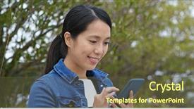  Presentation with mobile use - Audience pleasing presentation design consisting of honner - woman use of mobile phone backdrop and a tawny brown colored foreground