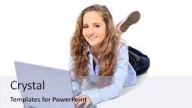  Presentation with cheerful stylish city girl using - Colorful slide deck enhanced with honny - attractive young girl using notebook backdrop and a  colored foreground