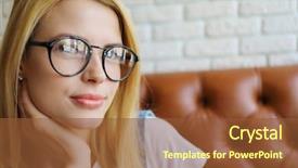  Presentation with blonde holding magnifying glass - Beautiful PPT theme featuring honny - beautiful blonde in glasses smiles backdrop and a  colored foreground