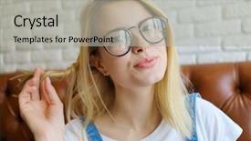  Presentation with blonde holds a magnifying glass - Theme featuring honny - beautiful blonde in glasses touches background and a  colored foreground