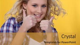 Presentation with giving - Colorful presentation theme enhanced with honny - blond woman giving thumbs-up backdrop and a  colored foreground