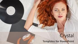  Presentation with vinyl - Slide deck with honny - woman listening vinyl at home background and a  colored foreground